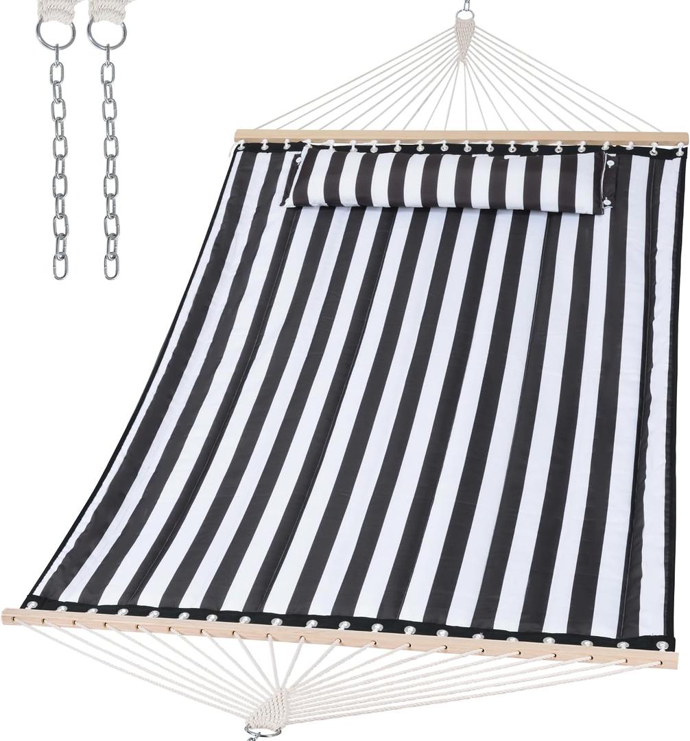 SUNCREAT Double Quilted Hammock, Black Stripes
Hardwood Spreader Bar, Extra Large Soft Pillow, Heavy Duty 2 Person, Indoor, Outdoor