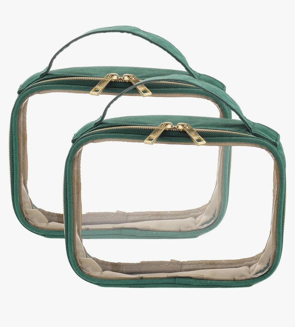 HARFINGTON 2pcs Clear Toiletry Bag PVC Large Waterproof Transparent Makeup Bag with Handle & Zipper for Travel Carry on Airport Airline Christmas Gifts, Green