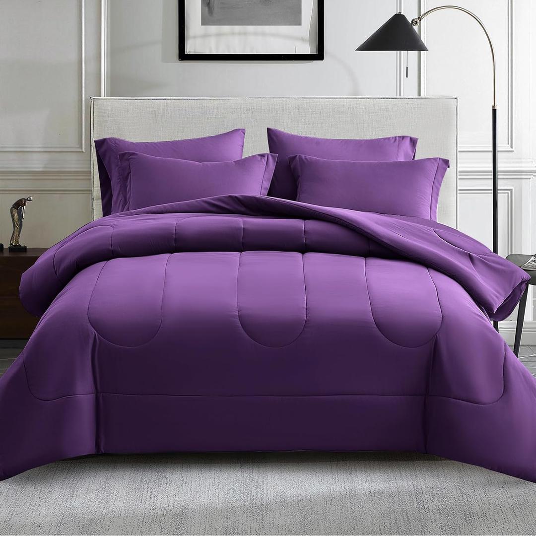 Maple&Stone Purple Comforter Set Full, 7 Pieces Bed in a Bag - Down Alternative Bed Set with Comforter, Sheets, Pillowcases & Shams, All Season Lightweight Bedding Set, Purple