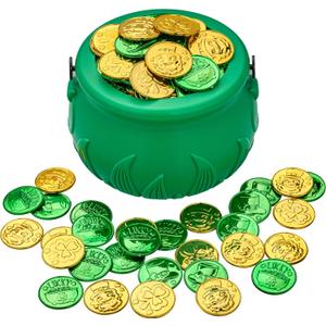 JOYIN 209PCS St Patricks Day Pot of Gold Set, 208 Lucky Leprechaun Plastic Coins and 1 Green Cauldron with Handle Saint Patricks Party Supplies