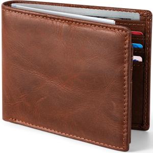 GSOIAX Top Grain Leather Wallet for Men Slim RFID Blocking Premium Crazy Horse Bifold Handcrafted Vintage 11Card Slots 2 ID Windows & 2 Cash Pockets Gift Box Packaging for Him (Brown)