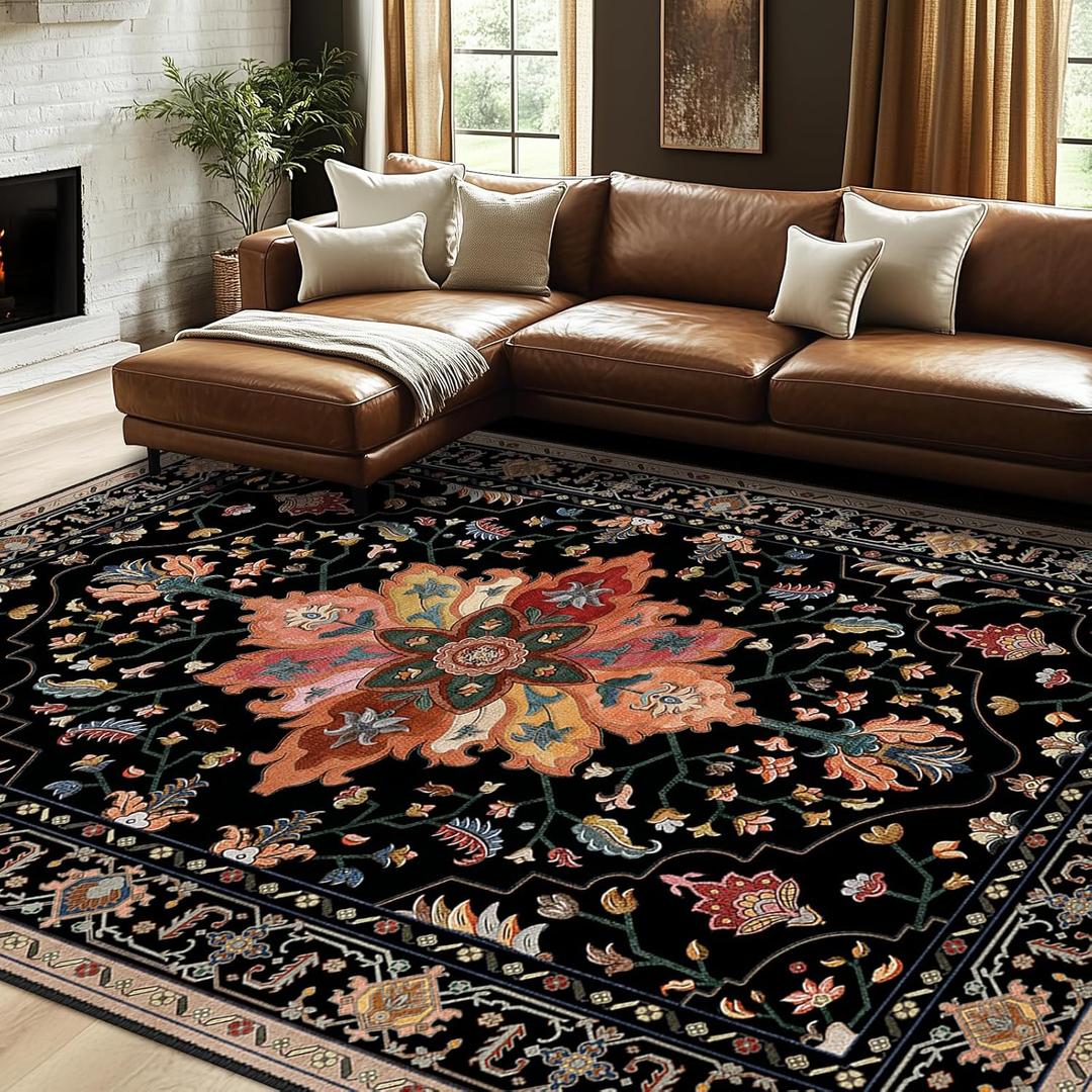 Area Rugs 8'x10' Washable Non-Slip, Floral Vintage Distress Print Pattern Medallion Carpet for Living Room Bedroom Dining Room, Black Colorful Floral Dark Tan