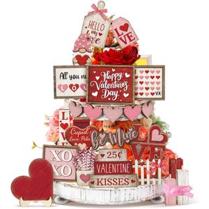 24 Pcs Vintage Farmhouse Valentine's Day Tiered Tray Decor Set Heart Wooden Valentine Table Centerpieces Love Heart XOXO Wooden Signs for Home Decor