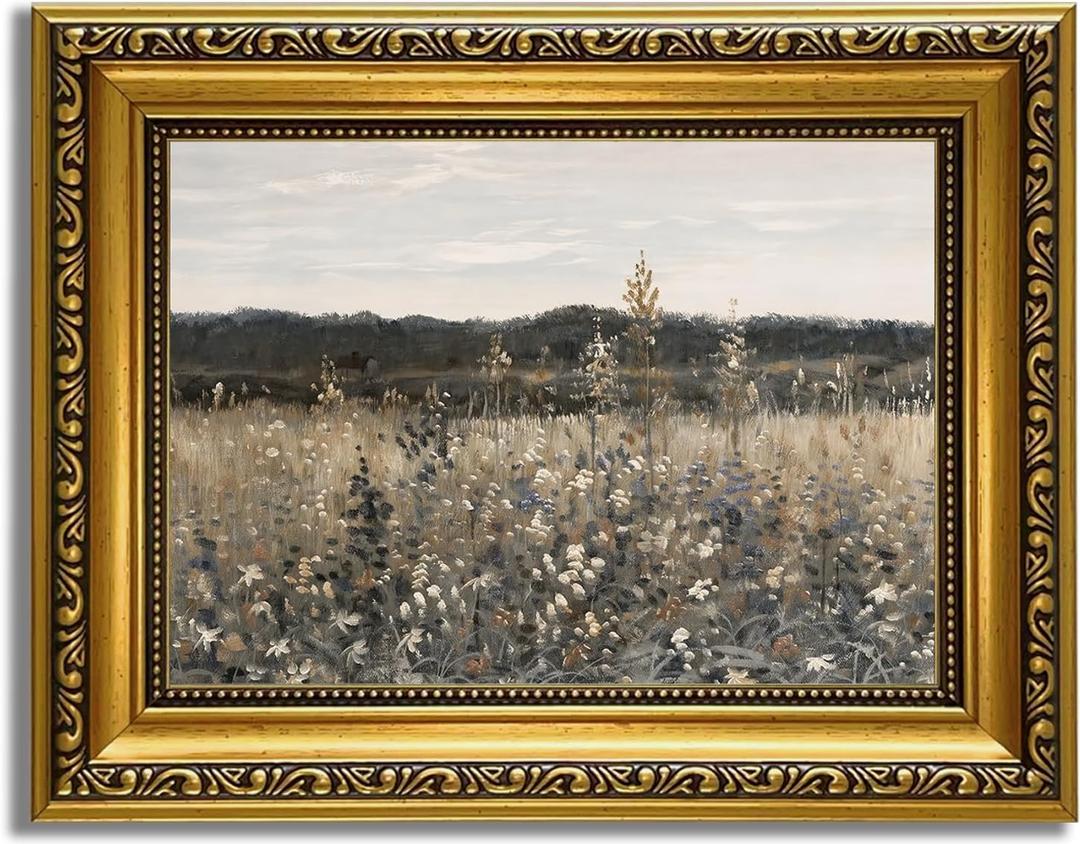 YD&YZY Gold Framed Vintage Wall Art Canvas Landscape Meadow with Flowers Farmhouse Wall Decor Rustic Cottagecore Nature Painting Picture Print for Bedroom Home Decor 8x10 inch Small Framed (Wildflower Field)