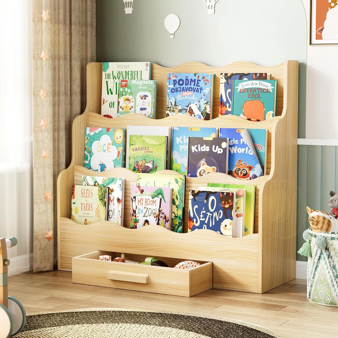 3-Tier Montessori Scalloped Kids Bookshelf, 29.6" Wide Natural Wood Forward Facing Bookcase for Toddlers, Children's Book Display and Organizer for Playroom, Nursery, Bedroom or Classroom, 29.6"W x 10.7"D x 27.6"H