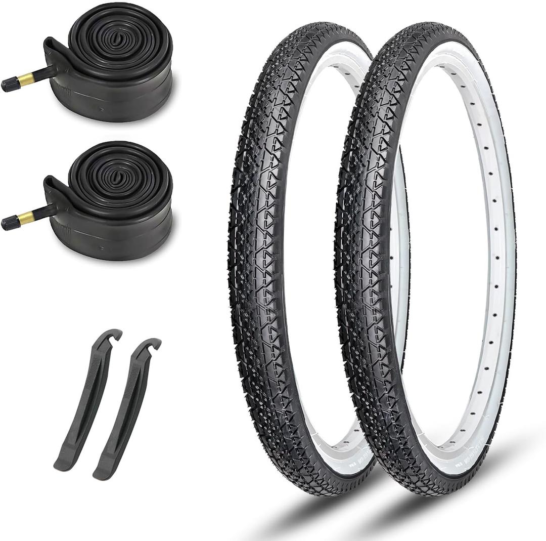 26x2.125 Cruiser Bike Tires: MOHEGIA 2-Pack 26 Inch Folding Tires with Pair Bike Tubes & Tire Levers Replacement Set for Beach Cruiser and Urban Commuting Bicycle, Black/White Sidewall