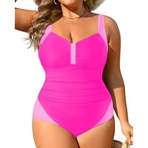 Tempt Me Pink Women Plus Size One Piece Swimsuits - Tummy Control Bathing Suits 2025 Color Block Swimwear 14W