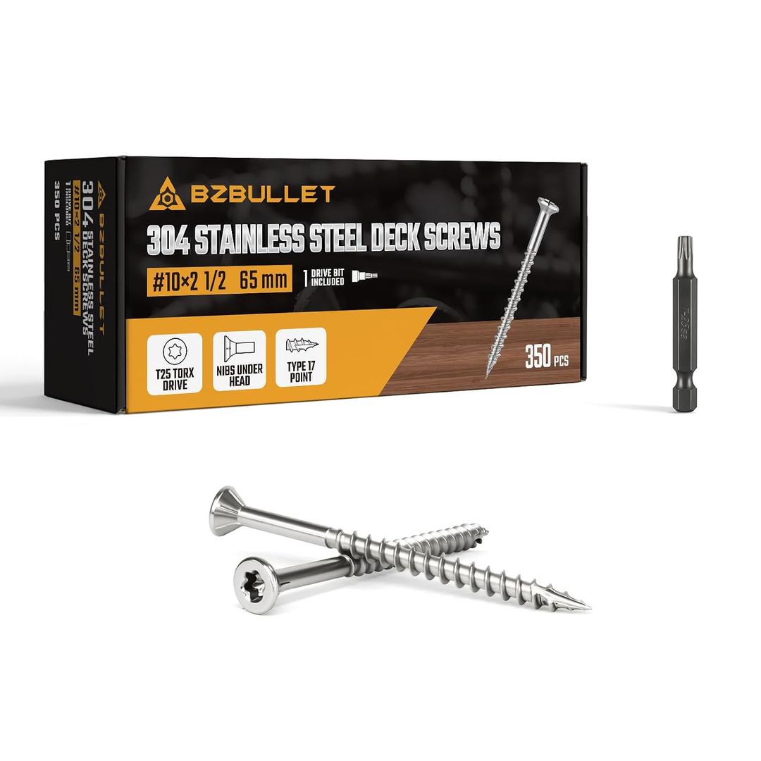 #10 × 2 1/2 inch 304 Stainless Steel Deck Screws Wood Screws, Flat Head T25 Star Drive, Type 17 Auger Tip with a Free T25 Star Drive Bit for All Outdoor Wood Construction 350Pcs