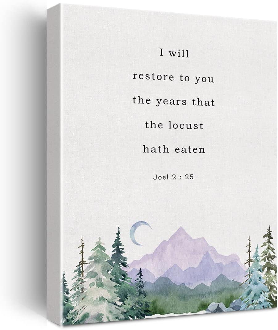 Bible Verse Canvas Print Decor I will Restore to You Joel 2:25 Wall Painting Posters Artwork 12X15Watercolor Home Office Decoration (Framed)