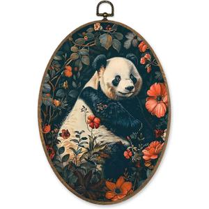 LKETW Vintage William Morris Panda Floral Oval Wall Art Decor, Retro Cottagecore Botanical Floral Oval Canvas Hanging Decor, Panda Animal Wall Decorations for Home Bedroom Living Room, 8.6x11.4 Inch
