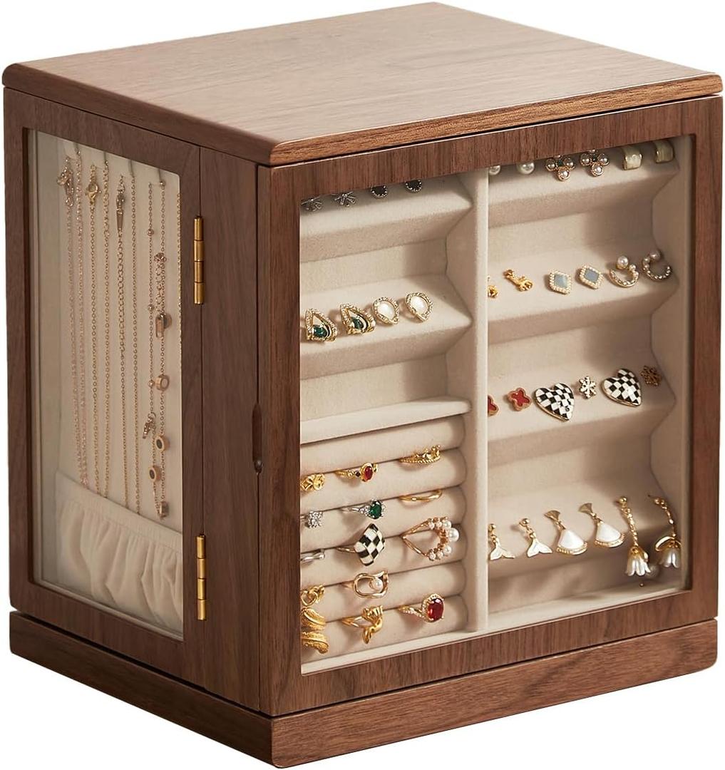 Black Walnut Wooden Jewelry Box - 360 Rotating Jewelry Organizer for Women with 5 Drawers for Rings,Necklaces,Earrings and Bracelets -Large Storage Case - Valentines Day Gifts for Her