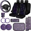 Bling Car Seat Covers Set, Diamond Accessories Rhinestone Crystal Steering Wheel Cover, Velvet Breathable (Purple, Half Part Bling)
