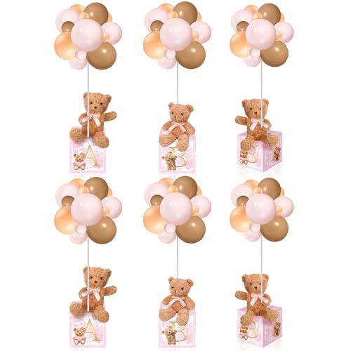 Lenwen 6 Sets Pink Bear Decorations for Baby Shower, Baby Letter Boxes Baby Shower Table Centerpieces Bear Stuffed Animals Balloon with Stand Bear Plush Toy Baby Boxes for Birthday Party Wedding