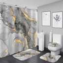 Nkzply 4 Pcs Grey Marble Shower Curtain Set White Modern Abstract Bathroom Sets with Shower Curtain and Rugs Silver Gold Fabric Shower Curtains for Bathroom Decor Accessories Toilet Lid Cover Hooks