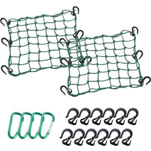 Cargo Net 15"x15" Stretches to 30"x30" with Thicken Hooks | Natural Latex Core, Tight 2x2 Mesh Small Heavy Duty Bungee Net for Motorcycle Helmet, Bike, ATV, UTV, Luggage (Army Green,2 Pack)