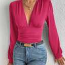 SURRO Women's Bodysuit Shirts Elegant Deep V Neck Leotard Blouses Long Sleeve Belly Hiding Tops Hook Closure (Blue, M)