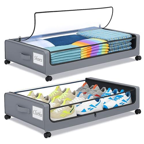 ESSENTIX Under Bed Storage with Wheels Set of 2 - Rolling Under Bed Drawers, Storage Containers, Shoe Organizers, and Wheeled Bins for Under the Bed, Perfect for Organizing and Saving Space (Grey)