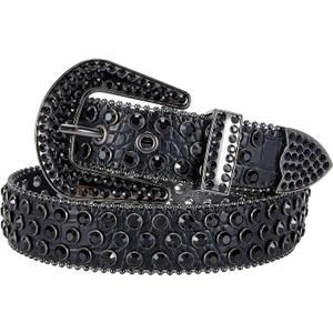 Rhinestone Studded Belt for Men Women, Western Leather Belt with Cross Decor for Cowgirl Cowboy Vintage Bling Belt for Pants Dress