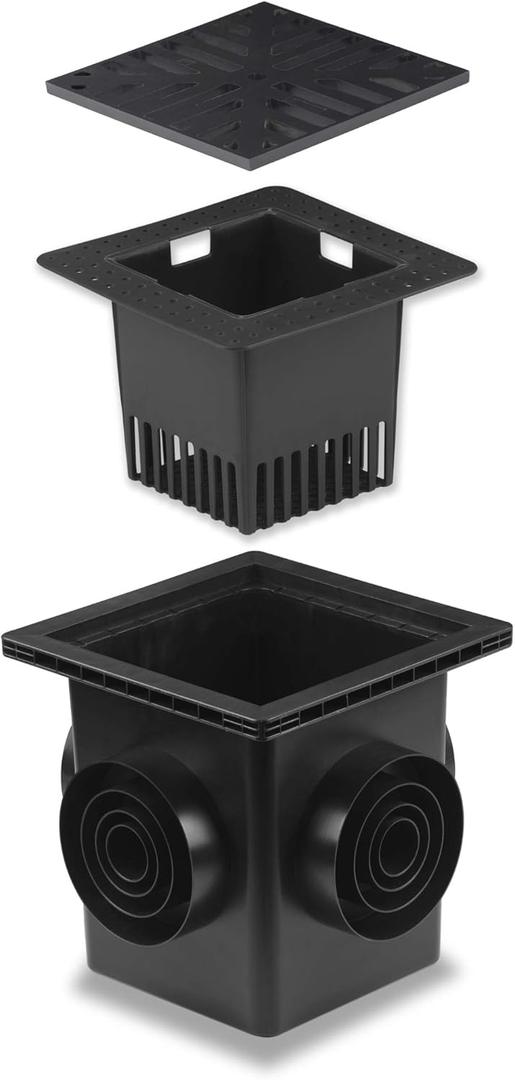 Catch Basin Kit 12X12 inch with Debris Basket and Grating | Square Storm Drain,Catch Basin for Drainage with 4 Outlet,Fit for 4 Size(2, 3, 4 and 6) inch Pipe,for Lawns, Landscaped Areas