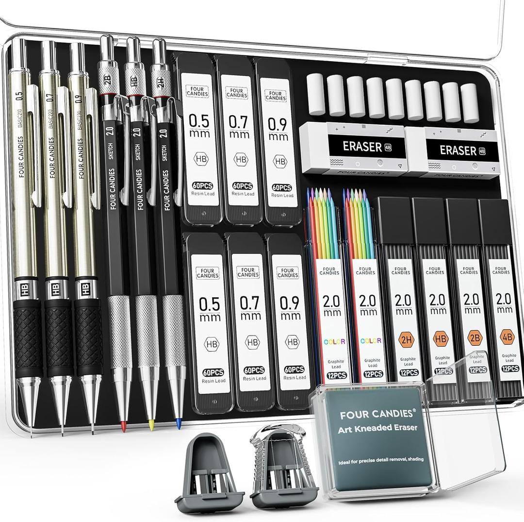 Four Candies 25PCS Mechanical Pencil Set with Case, Art Supplies with Metal Pencil 0.5, 0.7, 0.9 mm & 3PCS 2mm (HB 2H 2B 4B Color) & 432 Graphite Lead Refills, Technical Drawing Kit for Teen & Adults