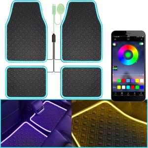 Car Floor Mats with Led Strip Light, Premium Universal Fit Black Automotive Carpet, Interior Car Lights Floor Mats,App Control Faux Leather Anti-Slip Waterproof Neon Car Decor Accessories for SUV Etc.