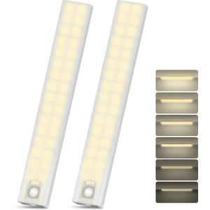 10 Under Cabinet Lighting, 68LEDS Motion Sensor Light Indoor, Rechargeable Battery Magnetic Closet Light, Wireless Under Counter Lights for Kitchen, Stairs, 2-Pack Warm Light