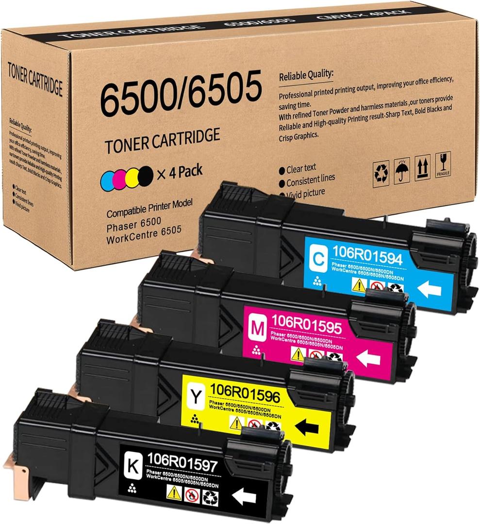 6500 6505 High Capacity 4-Color Set Compatible 106R01597 106R01594 106R01595 106R01596 Toner Cartridge Replacement for Xerox Phaser 6500 WorkCentre 6505 Printer Toner (BK/C/M/Y).