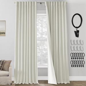PANELSBURG Off White Linen Blackout Curtains 90 Inches Long Pleated Back Tab Room Darkening Thermal Lined Curtain Panels,Set of 2 (Ivory Cream)