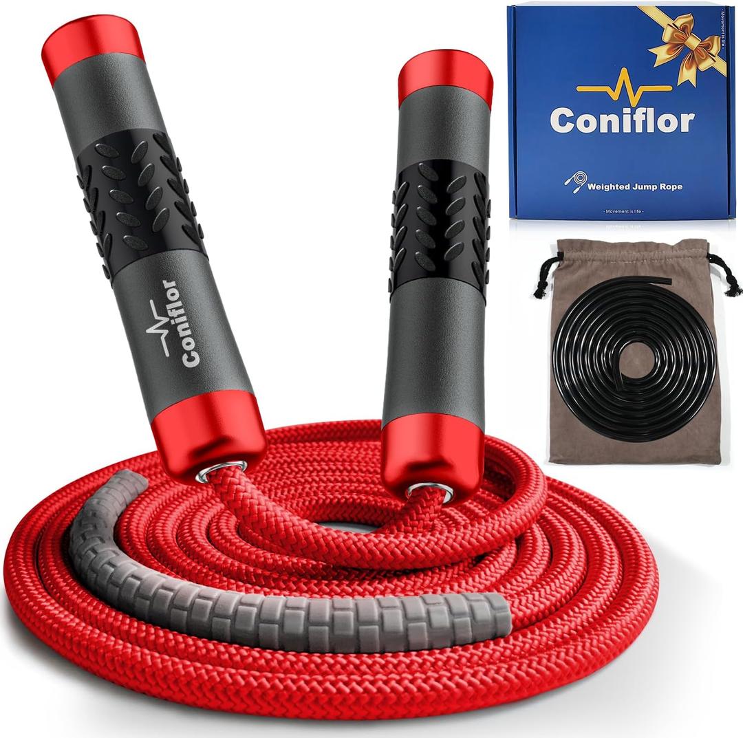 Weighted Jump Rope, 1LB Tangle-Free Ball Bearing Rapid Speed Skipping Rope for Men Women, Adjustable 9mm Cotton & PVC Rope with Alum Handle for Boxing MMA Weight-Loss Athletic Workout Fitness (Red)