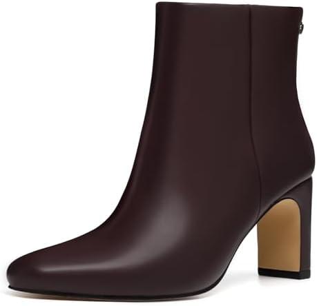 Athlefit Women's Ankle Boots Fashion Square Toe Chunky Heeled Short Boots with Side Zipper, 8