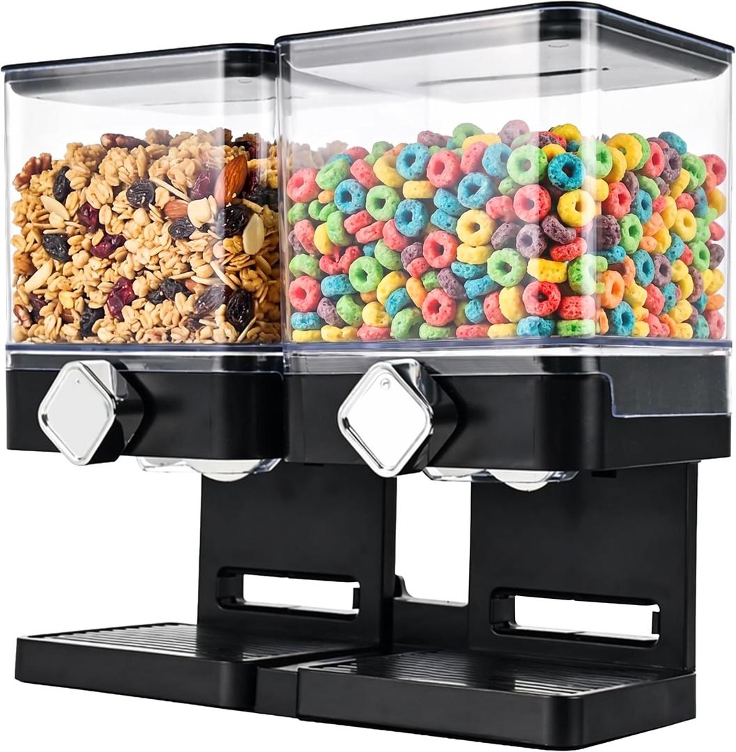 Dual Cereal Dispenser, 7.4L Large Cereal Storage Container with 2 * 3.7L Compartments, Countertop Rotating Grain Dispenser with Transparent Bins, for Cereal, Oats, Rice, Beans, Snacks