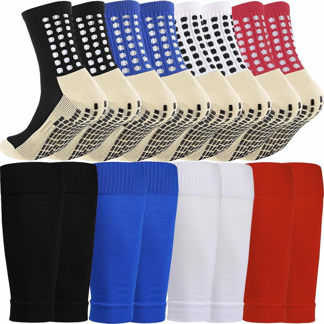 1 Set Anti-Slip Grip Soccer Socks with Shin Guard Sleeves, Sports Athletic Socks for Men Women
