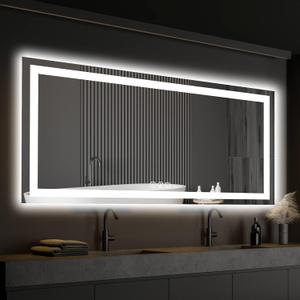 ISKM 55'' x 30'' LED Mirror for Bathroom Lighted Vanity Mirror for Wall Front Lights + Backlit LED Bathroom Mirror Anti-Fog Tempered Glass ETL Listed