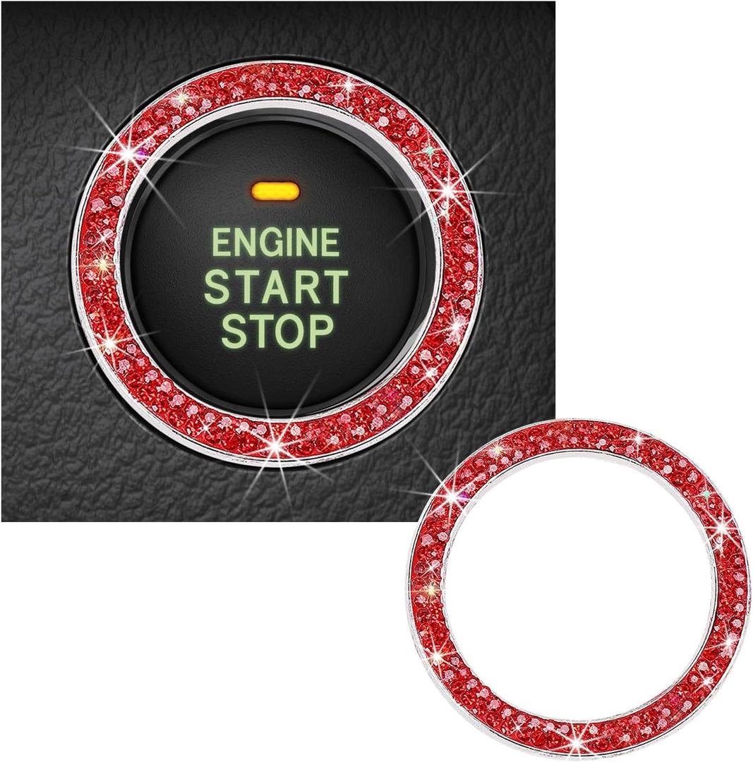 Kewucn Bling Crystal Double Rhinestone Car Engine Start Decoration Ring, Sparkling Push Start Button Sticker, Key Ignition & Knob Ring Decoration, Bling Car Interior Accessory(Red)