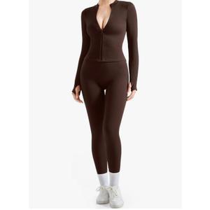 SUUKSESS Women 2 Piece Seamless Ribbed Workout Sets With Zip Up Jacket High Waisted Gym Yoga Leggings, M