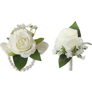Meldel Wrist Corsage and Boutonniere Set(2pcs), Ivory White Artificial Silk Rose Pearls Bracelets Corsage for Bride, Groom Best Man Boutonniere Wedding Flower Accessories Prom Ceremony Party Decor