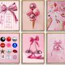 6Pcs Pink Preppy Canvas Wall Art Pink Bow Disco Ball Posters Prints Funky Cherry Ice Cream Pictures Paintings Cute Girl Wall Decor Suitable for Girls Bedroom, Dorm, Kitchen Decoration Unframed (8-10)