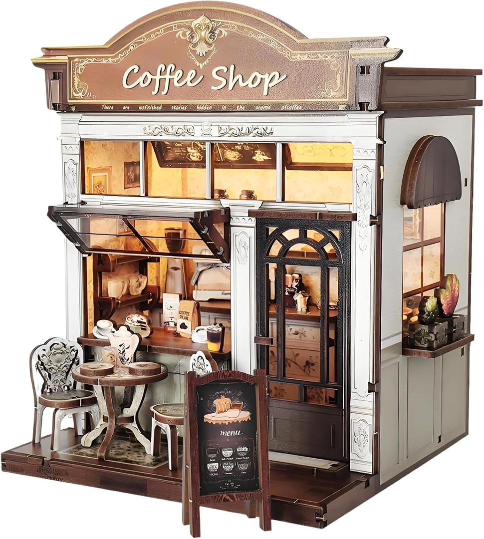 DIY Miniature House Kit, Coffee Shop Book Nook Kit, Mini Building Kit, Dollhouse Kit for Adults and Teens, 3D Wooden Puzzles with LED Light, Craft Kit for Family and Friends(Retro Coffee Shop)