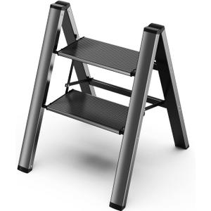 2 Step Ladder, Aluminum Folding 2 Step Stool with Anti-Slip Sturdy and Wide Pedal, Lightweight Portable Stepladder for Home and Kitchen Use Space Saving, Black, 330 lbs