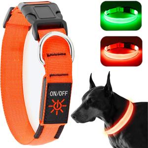 LED Dog Collar - Adjustable, Waterproof, Glow in Dark for Night Walking, Medium Large Dogs (Orange)