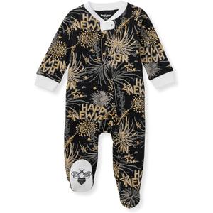 Burt's Bees Baby Boys' Sleep & Play PJs, 100% Organic Cotton One-Piece Zip Front Jumpsuit, Baby Boys Footie Pajamas & PJs (3-6 Months, New Year Cheer!)
