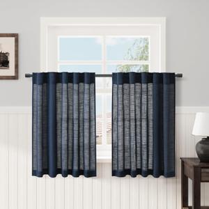 Navy Small Linen Textured Curtains 30 inches Length Light Filtering Semi Sheer Short Curtains Back Tab Pocket Boho Kitchen Tier Window Curtain for Bedroom 26x30