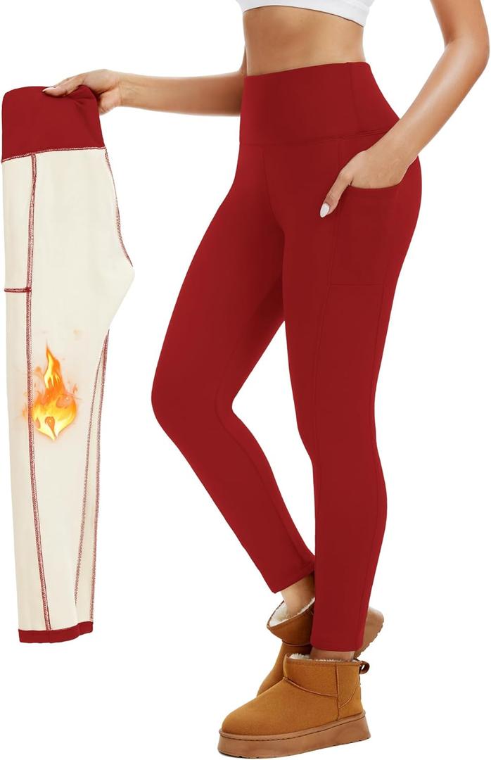 Thermal Thick Fleece Lined Leggings with Pockets -High Waisted Warm Winter Yoga Pants for Women Running Workout Leggings S