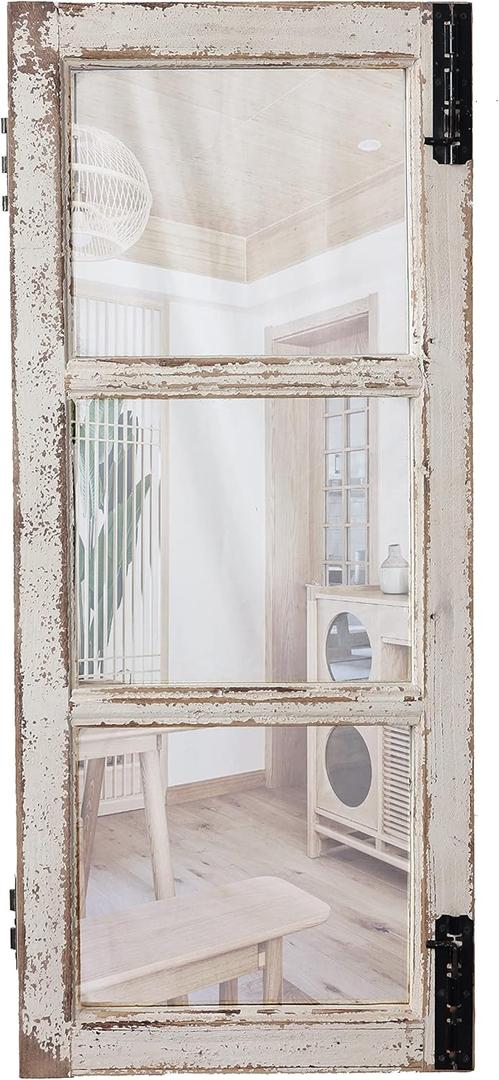 Sintosin Farmhouse Wood Frame Window Mirror 14" x 33", Vertical Hanging Distressed White Rustic Window Mirrors for Wall Decor, Vintage Rectangular Window Pane Mirror for Living Room Entryway