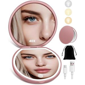 Compact Mirror with Light, Rechargeable 40X Magnifying Mirror with 3 Lighting Modes & Dimmable Brightness, Portable Travel Makeup Mirror; Essentials for Travel, Pocket, Purse Gifts Rose