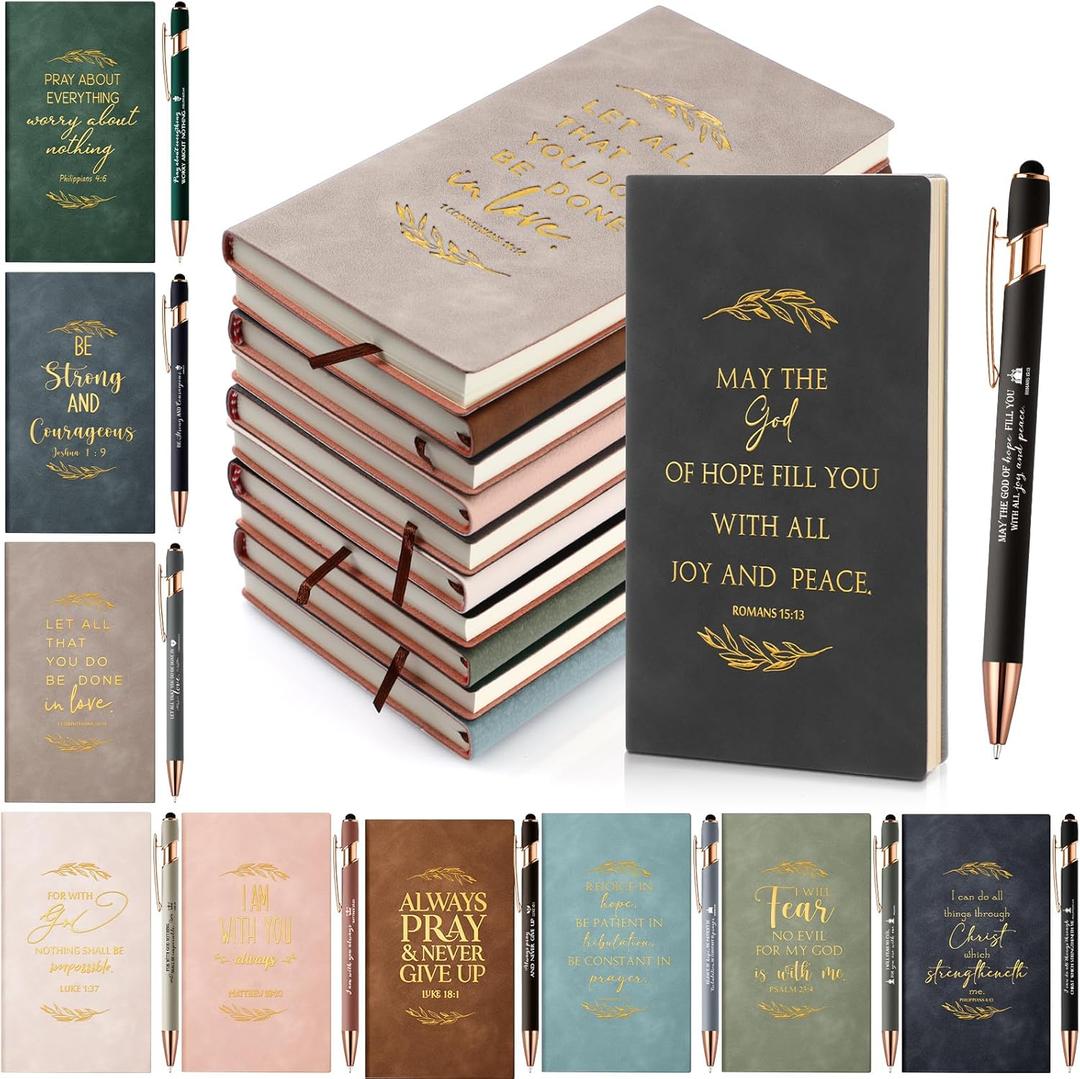 Crtiin 20 Pcs Christian Gifts Notebook Bulk Religious Notepads with Motivational Pen Inspirational Bible Verse Leather Prayer Journal for Men Women Easter Church Sunday School Favors (Neutral Color)