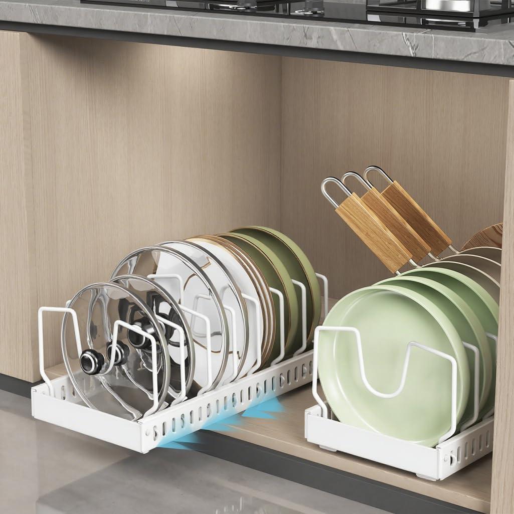 Pull-Out Pots and Pans Organizer, 2 Pack Under Cabinet Pot Lid Holder, Slide Lid Organizers Inside Cabinet, Pot Lid Organizer for Kitchen, Bakeware, Dishes, 8 Adjustable Dividers - White