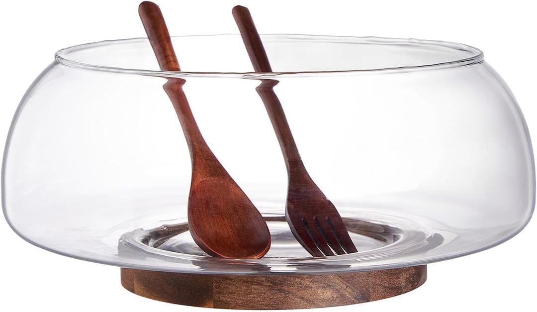 LiTY Large Glass Salad Bowl Set with Acacia Wood Base and Salad Serving Utensils, Salad Servers for Party, Fruits, Popcorn, Chips, Pasta, Kitchen Must-Have