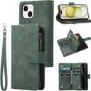 RANYOK Wallet Case for iPhone 15 (6.1 inch) with RFID Blocking Credit Card Holder, Premium PU Leather [Zipper Pocket] Flip Folio Wallet with Wrist Strap Kickstand Protective Case (Black Green)