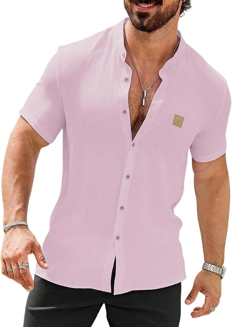 Men's Casual Sporty Short-Sleeve Button-Down Shirt for Summer Beach Fashion (Large, Pink)